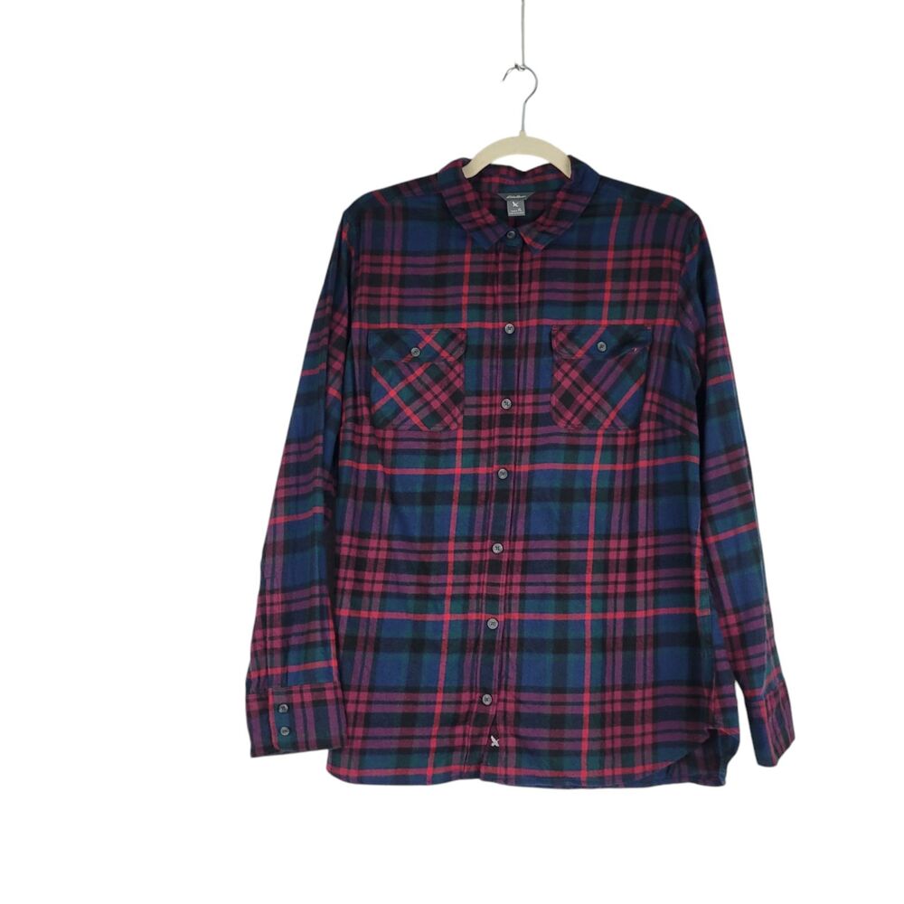 Eddie Bauer Flannel Shirt Women's Size XL Red/Green Plaid Button Up 100% Cotton
